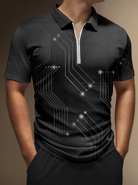 

3D Gradient Geometric Zip Short Sleeve Polo, Dark gray, Men's t-shirts