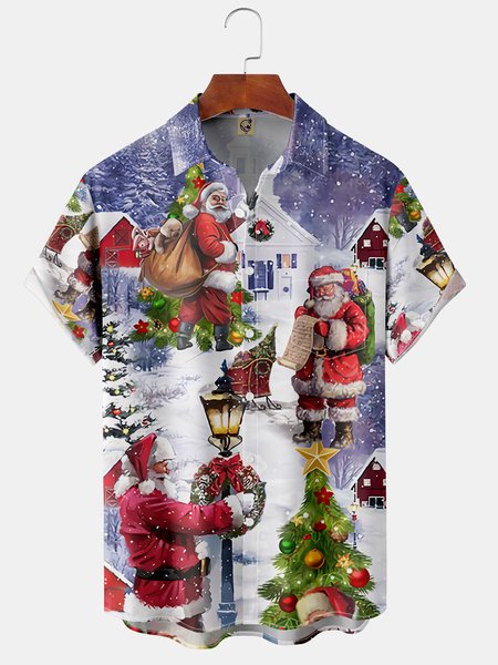 

Santa Claus Chest Pocket Short Sleeve Casual Shirt, Multicolor, Men Shirts