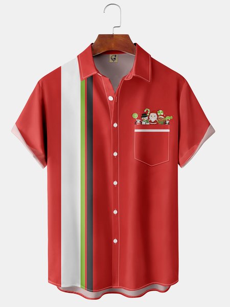 Christmas Snowman Chest Pocket Short Sleeve Casual Shirt, Red, Men Shirts