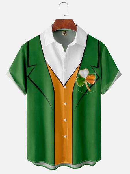 

St. Patrick's Day Chest Pocket Short Sleeve Ugly Shirt, Green, Men Shirts