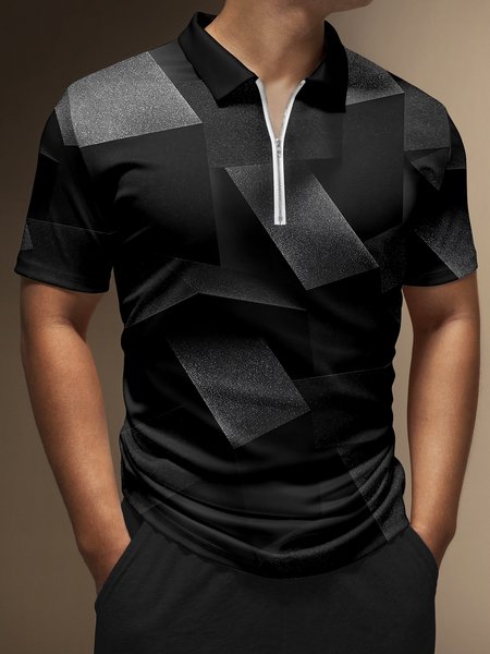 

Gradient Geometric Abstract Zip Short Sleeve Polo, Black, Polo Shirts