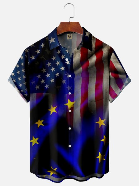 

American Flag Chest Pocket Short Sleeve Shirt, Blue, Men Shirts