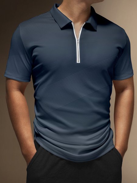 Gradient Striped Zip Short Sleeve Polo, Deep blue, Polo Shirts