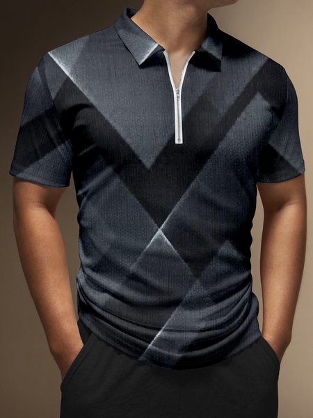 

Gradient Geometric Color-Block Zip Short Sleeve Polo, Multicolor, Polo Shirts