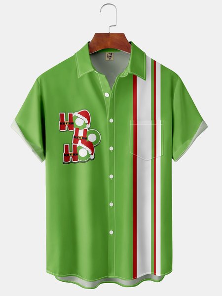 

Christmas Chest Pocket Short Sleeve Bowling Shirt, Green, Men Shirts