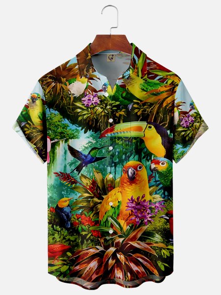 

Animal Chest Pocket Short Sleeve Hawaiian Shirt, Green, Men Shirts