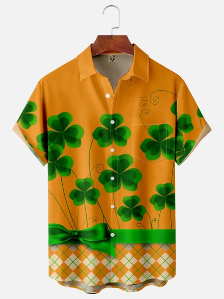 

St. Patrick's Day Clover Chest Pocket Short Sleeve Casual Shirt, Yellow, Men Shirts