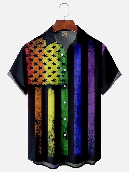 

American Flag Chest Pocket Short Sleeve Shirt, Black, Men Shirts