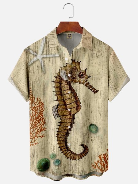 

Sea Animal Chest Pocket Short Sleeve Hawaiian Shirt, Khaki, Men Shirts