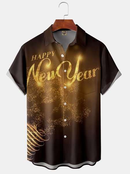 New Year's Chest Pocket Short Sleeve Shirt, Black, Short Sleeve Shirts