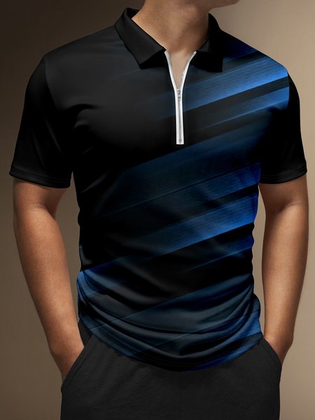 

Gradient Geometric Abstract Zip Short Sleeve Polo, Black, Polo Shirts