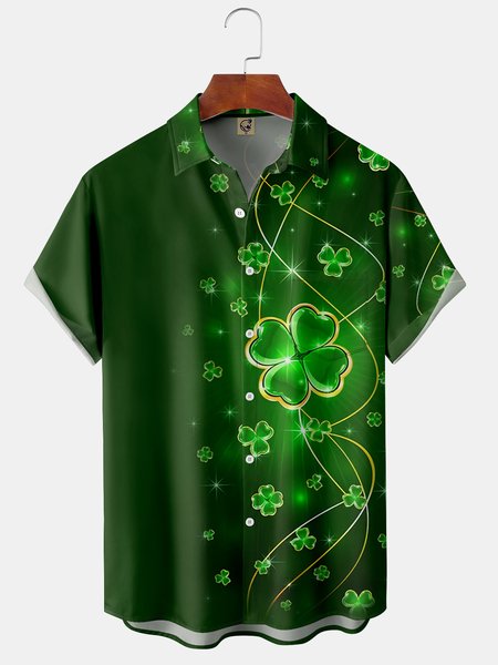 

Gradient Clover Chest Pocket Short Sleeve Casual Shirt, Dark green, Men Shirts