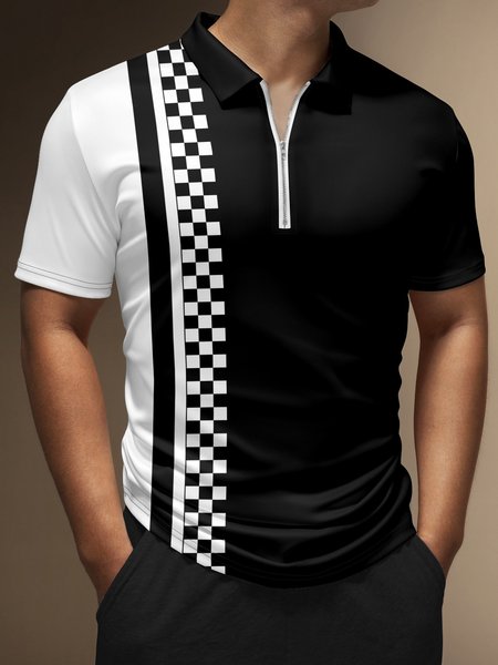 

Geometric Zip Short Sleeve Polo, Black, Men's t-shirts
