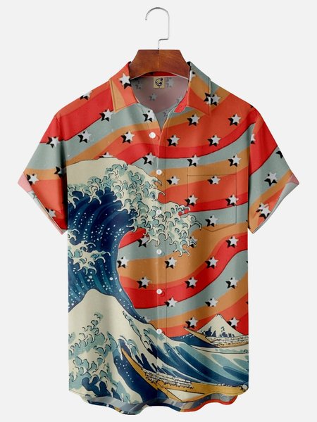 

Japanese Ukiyoe Wave Chest Pocket Short Sleeve Shirt, Blue, Men Shirts