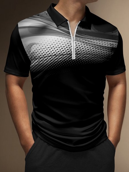 

Gradient Geometric Polka Dot Zip Short Sleeve Polo, Black, Men's t-shirts