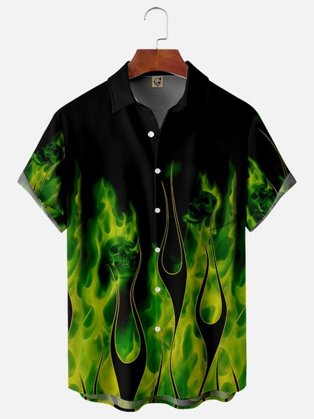 

Flame Chest Pocket Short Sleeve Shirt, Green, Men Shirts