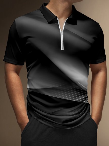 

3D Gradient Geometric Color-Block Zip Short Sleeve Polo, Black, Polo Shirts