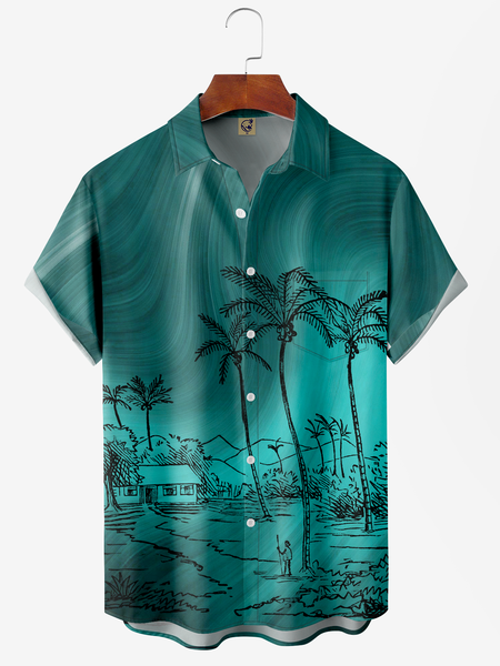 

Gradient Color Coconut Tree Chest Pocket Short Sleeve Hawaiian Shirt, Green, Men Shirts