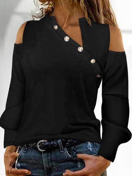 

Casual Long Sleeve V Neck T-shirt, Black, T-shirts