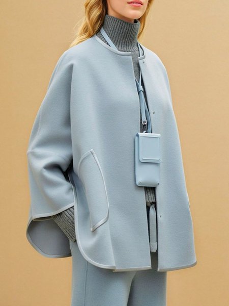 

Elegant Plain Crew Neck Loose Pockets Overcoat, Light blue, Coats