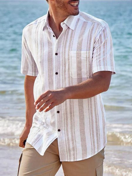 

Striped Chest Pocket Short Sleeve Casual Shirt, Khaki, Men Shirts