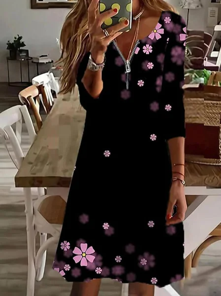

Casual Floral V Neck Zipper Dress, Black, Dresses