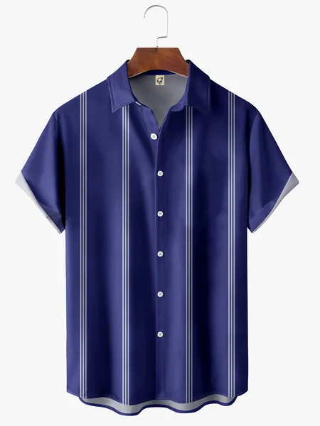 

Stripes Short Sleeve Bowling Shirt, Blue, Men Shirts