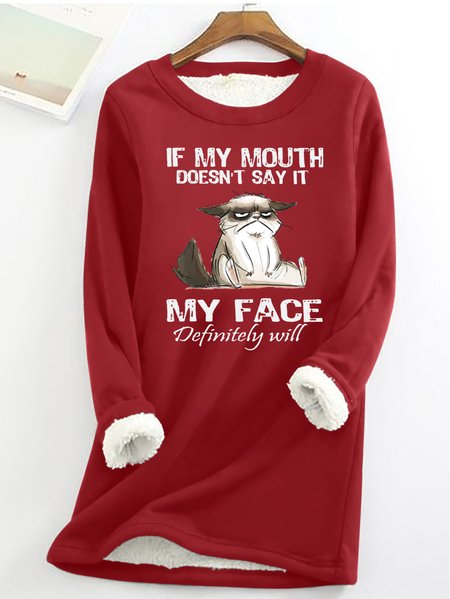 

Women's Funny Word Cat Text Letters Warmth Fleece Sweatshirt, Red, Hoodies&Sweatshirts