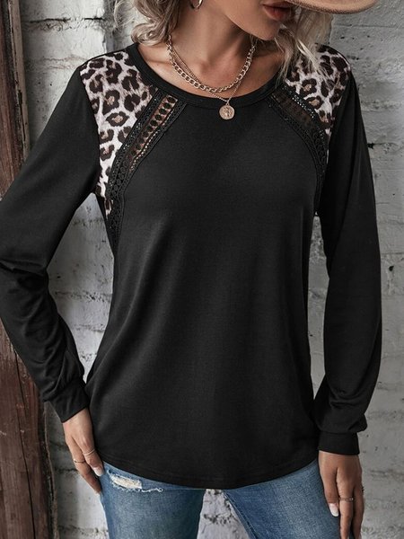 

Leopard Casual Crew Neck Patchwork Lace T-Shirt, Black, T-shirts