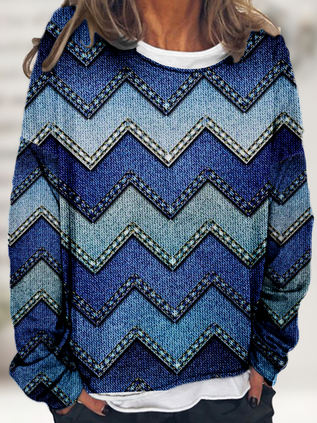 

Women’s Loose Off Shoulder Sleeve Imitation Denim Print Sweatshirt, Blue, Hoodies&Sweatshirts