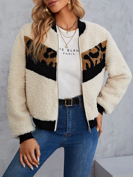 

Cross Neck Fluff/Granular Fleece Fabric Color Block Casual Teddy Jacket, Multicolor, Coats