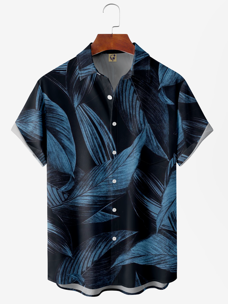 

Leaves Chest Pocket Short Sleeve Hawaiian Shirt, Blue, Men Shirts