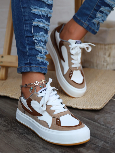 

Contrast Color Stitching Casual Sneakers, Khaki, Sneakers
