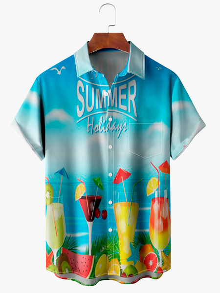 

Cocktail Chest Pocket Short Sleeve Hawaiian Shirt, Blue, Men Shirts