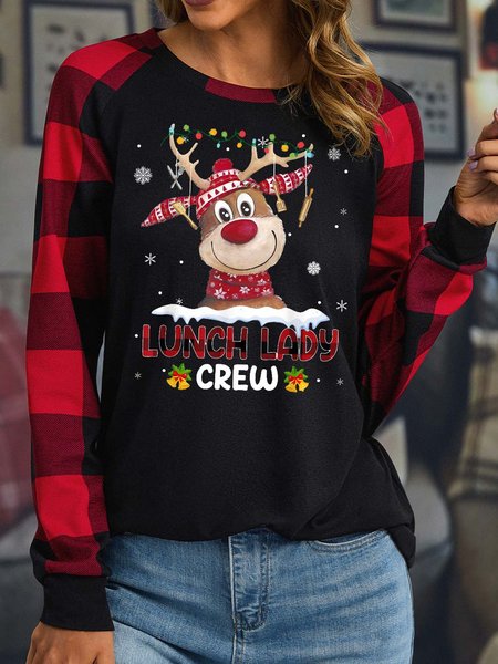 

Women’s Lunch Lady Crew Merry Christmas Moose Casual Loose Top, Black, Long sleeves