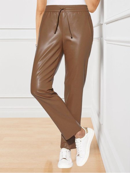 

Plain Leather Straight-leg Trousers, Brown, Bottoms