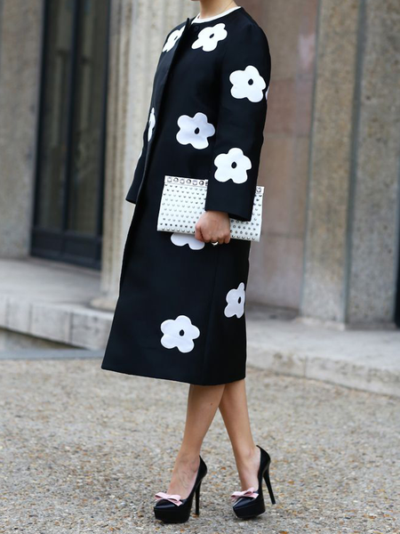 

Crew Neck Loose Casual Floral Overcoat, Black, Coats