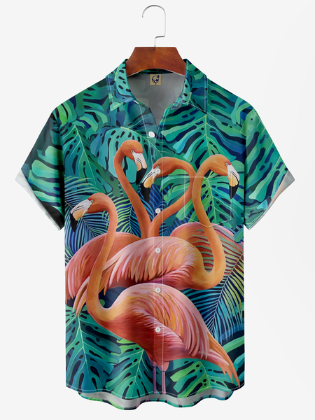 

Flamingo Chest Pocket Short Sleeve Hawaiian Shirt, Green, Men Shirts