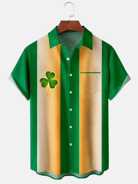 

St Patricks Day Shamrock Chest Pocket Short Sleeve Bowling Shirt, Green, Men Shirts