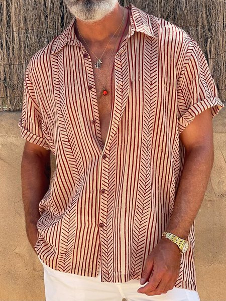 

Retro Striped Chest Pocket Short Sleeve Shirt, Red, Men Shirts