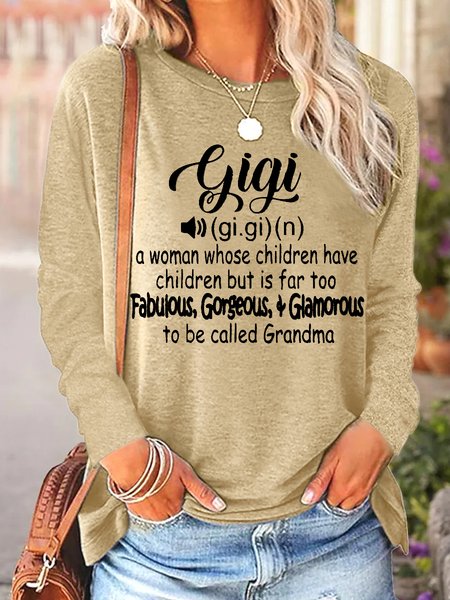

Women's Grandma Funny GiGi Word Crew Neck Cotton-Blend Simple Long Sleeve Top, Khaki, Long sleeves