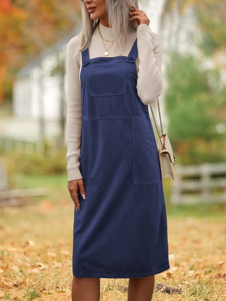 

Button Corduroy Pocket Sleeveless Dress, Navyblue, Dresses