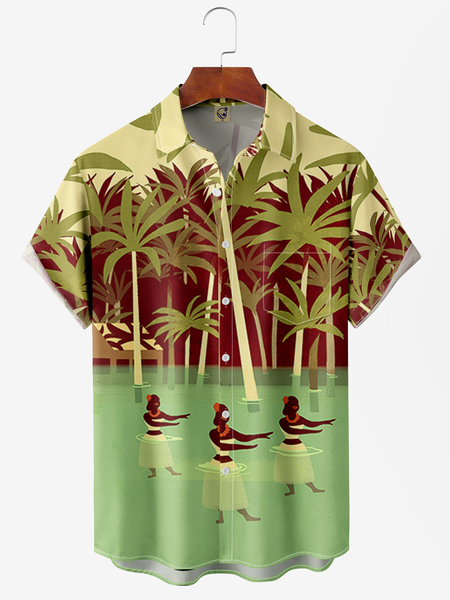 

Coconut Tree Chest Pocket Short Sleeve Hawaiian Shirt, Green, Men Shirts