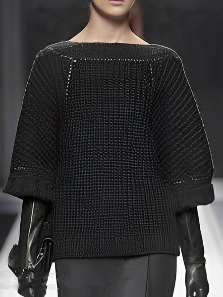 

Plain Elegant Regular Fit Boat Neck Sweater, Black, Pullovers