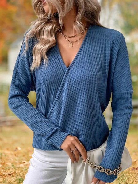 

Waffle Knit Drop Shoulder Top, Blue, Tops