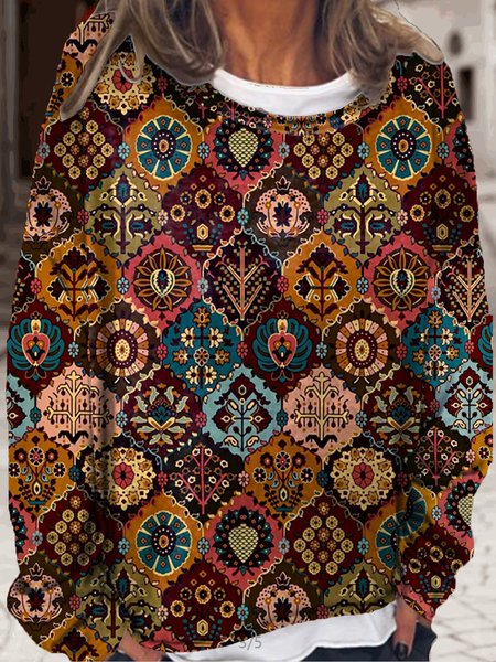 

Women’s Fancy Vintage Print Crew Neck Casual Sweatshirt, As picture, Hoodies&Sweatshirts
