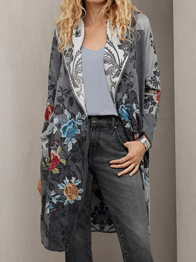 

Shawl Collar Ethnic Floral Regular Fit Overcoat, Gray, Coats