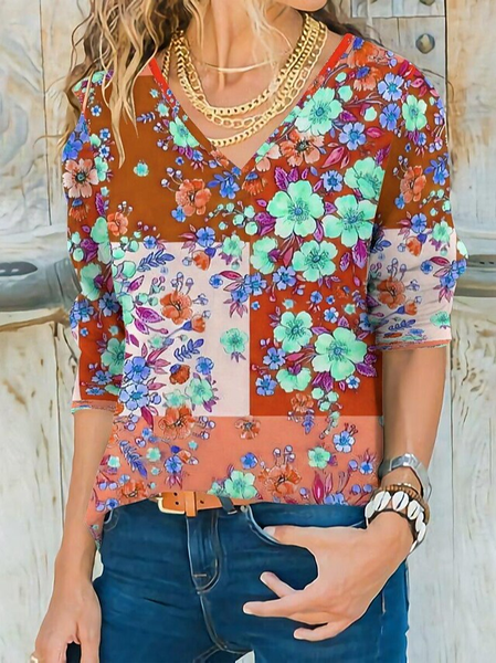 

Casual Asymmetrical Floral Regular Fit T-Shirt, Multicolor, Tops