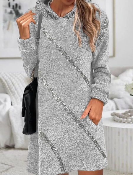 

Loose Plain Fluff/Granular Fleece Fabric Casual Dress, Gray, Mini Dresses