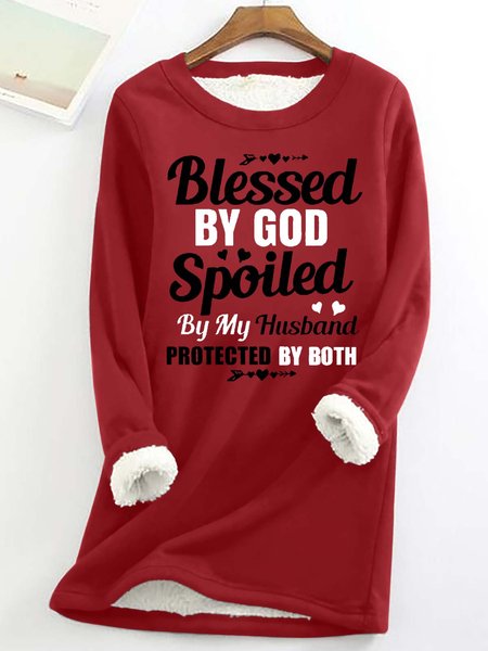 

Women’s Blessed By God Spoiled By My Husband Protected By Both Crew Neck Loose Casual Sweatshirt, Red, Hoodies&Sweatshirts